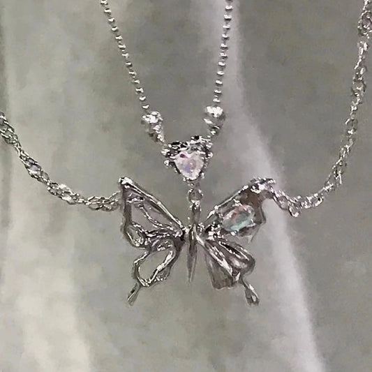 Y2K Crystal Butterfly Pendant Necklace Women Light Luxury Egirl Punk Heart Grunge Clavicle Chain Fashion Jewelry Party Gift 2023
